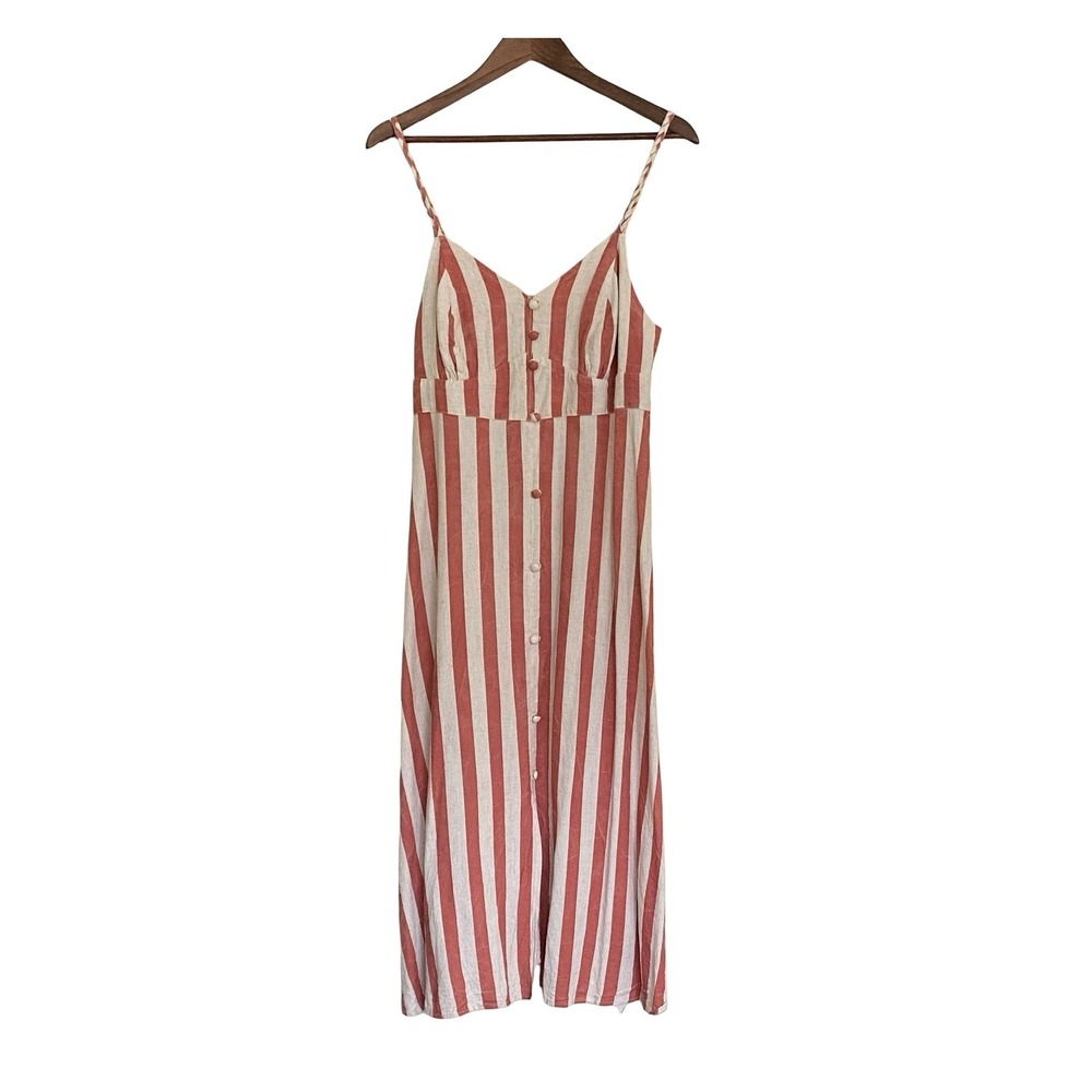 River Island Striped Midi Dress Sz 14 Linen Blend Terracotta Cream Boho Coastal